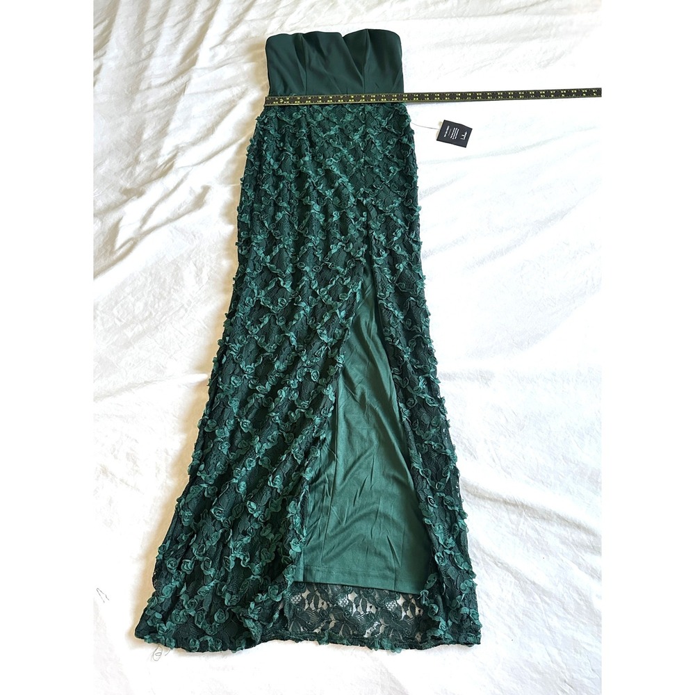 Lulus Dark Green Strapless 3D Rosette Lace Maxi Dress High Slit Gown Small NEW - Picture 4 of 6